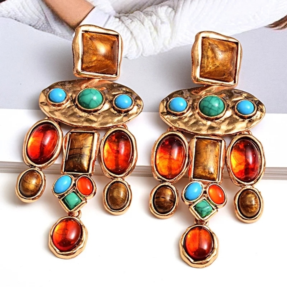 Vintage Styled Metal Colorful Stone Earrings.